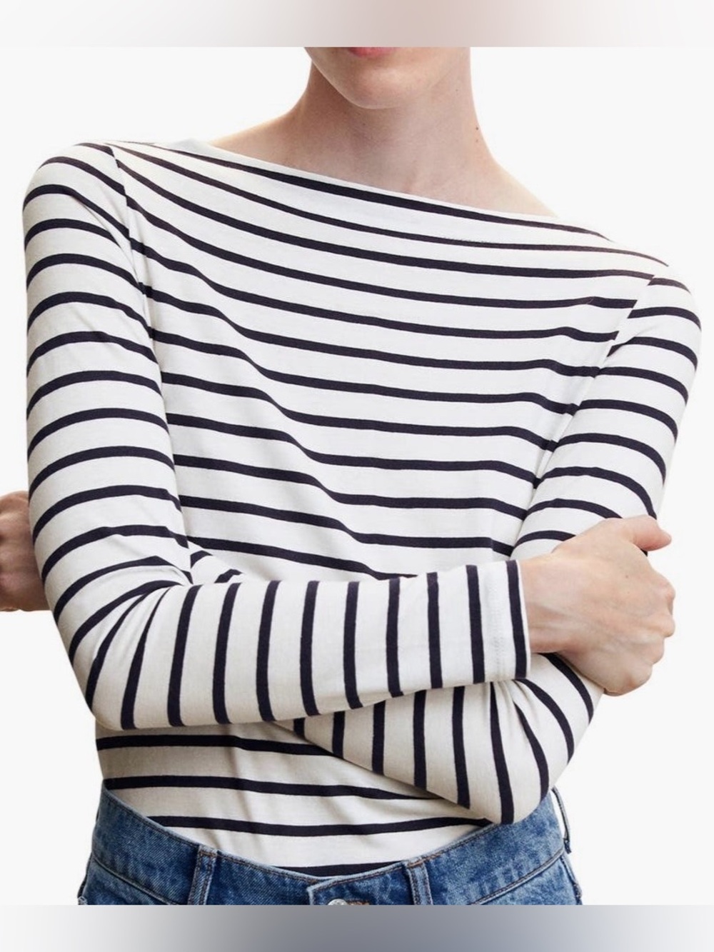 Mango Cotton Boatneck Long-Sleeves T-Shirt in Navy and White Stripes, Size M
